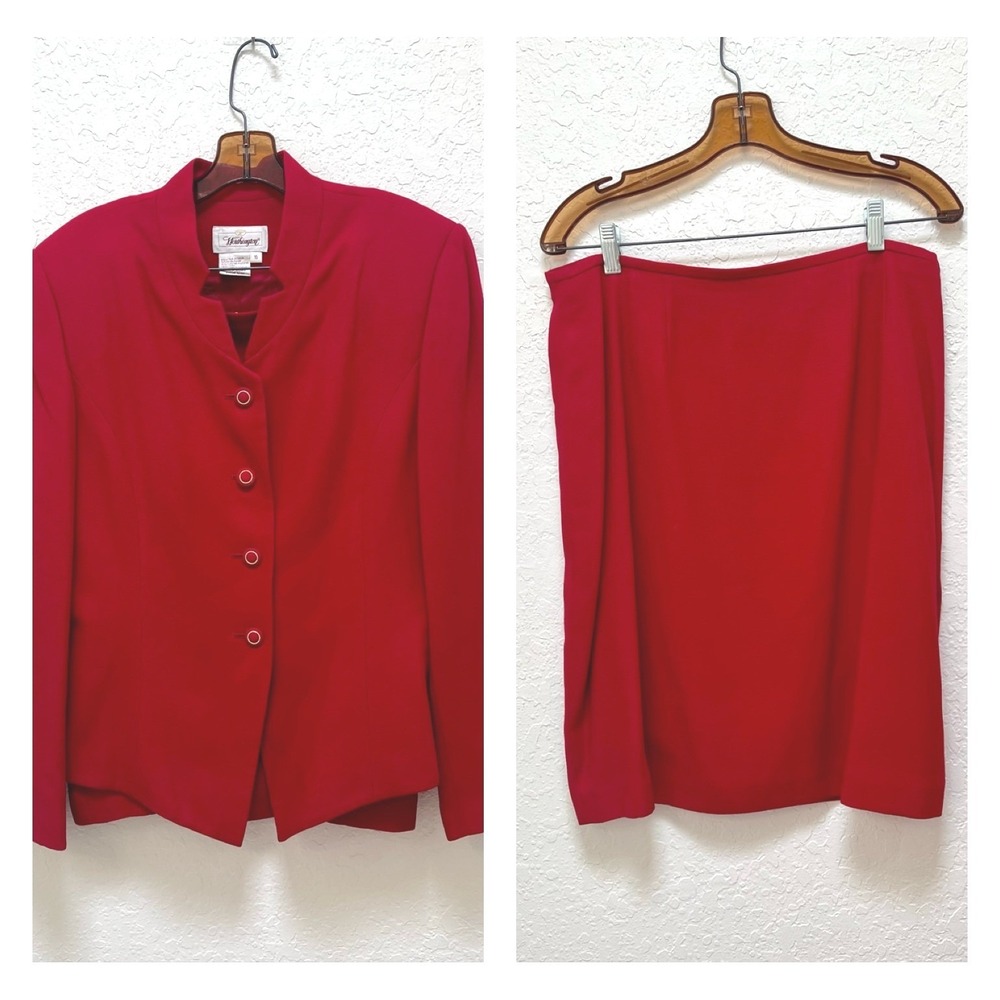 Worthington Red Skirt Suit Set Blazer Pencil Skirt Size 16 Vintage Style Office